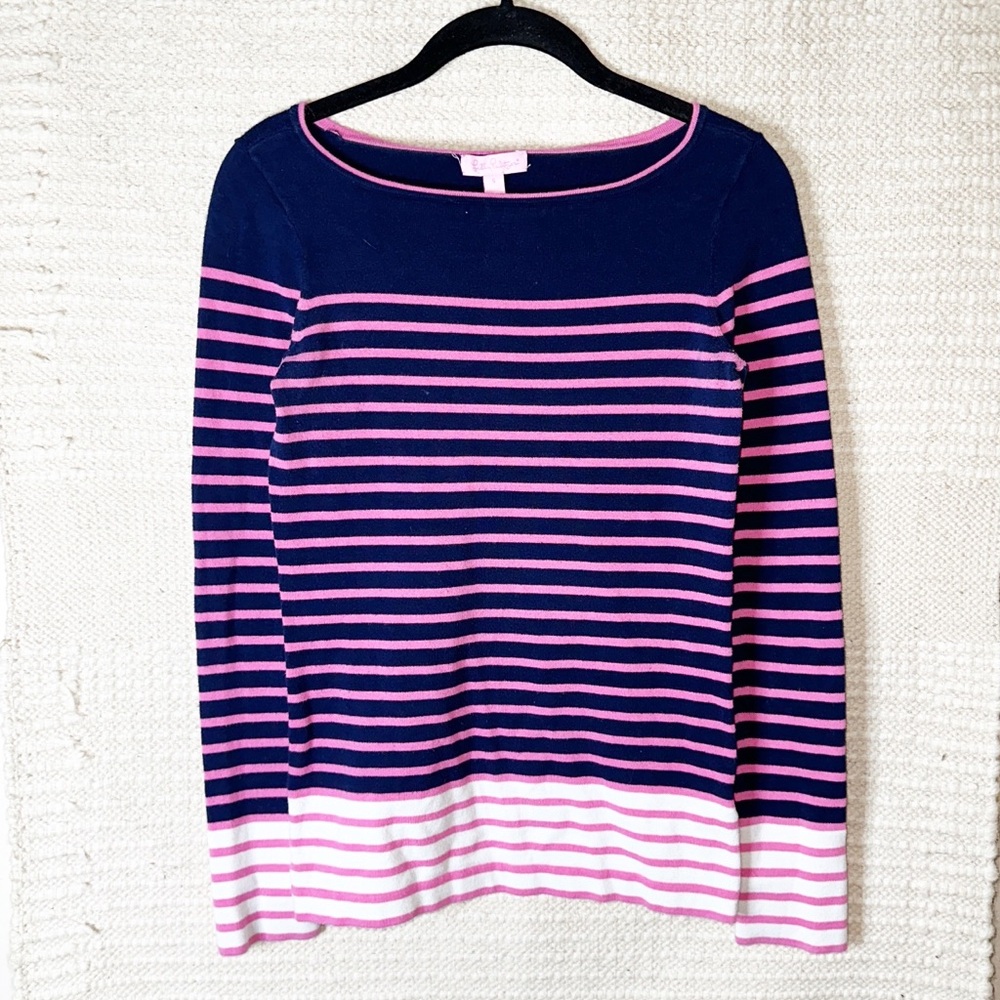 LILLY PULITZER pink and navy blue striped Maria boatneck sweater S